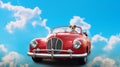 Terrier dog in red convertible car with blue cloudy sky Royalty Free Stock Photo