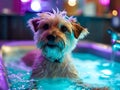 A terrier enjoys a refreshing dip in a neon-lit spa pool, a modern take on pet wellness and therapy Royalty Free Stock Photo