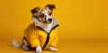 Terrier wearing bright yellow puffer down jacket on an yellow background, studio portrait.