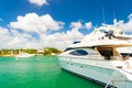 terrific summer yacht in harbour. photo of summer harbour with yacht docked.