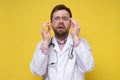 Terrified doctor in stress, he nervously adjusts glasses and looks in disbelief with a stupid expression on face. Yellow