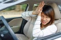 Terrified woman driving and having car accident or crash something. Royalty Free Stock Photo