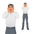 Terrified young businessman holding his head in panic. Isolated vector illustration. Royalty Free Stock Photo