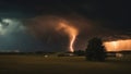 A terrifying scene of a storm at sunset producing a powerful lightning tornado twisting through the countryside Royalty Free Stock Photo