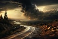 Terrifying Tornado road storm landscape. Generate Ai Royalty Free Stock Photo