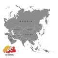 Territory of Bhutan on Asia continent. Flag of Bhutan. Vector illustration