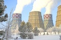 Territory of heat and power station. Accumulator tanks. Close-up. Winter. Russia