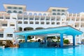 Territory of hotel Siva Sharm ex Savita Resort 5 * in Sharks Bay, Sharm El Sheikh, Egypt. Main building and pool bar Royalty Free Stock Photo