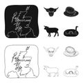 Territory on the map, bull head, cow, eggs. Scotland country set collection icons in black,outline style vector symbol