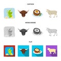 Territory on the map, bull head, cow, eggs. Scotland country set collection icons in cartoon,flat,monochrome style Royalty Free Stock Photo