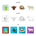 Territory on the map, bull head, cow, eggs. Scotland country set collection icons in cartoon,outline,flat style vector