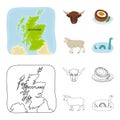 Territory on the map, bull head, cow, eggs. Scotland country set collection icons in cartoon,outline style vector symbol Royalty Free Stock Photo