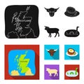 Territory on the map, bull`s head, cow, eggs. Scotland country set collection icons in black, flat style vector symbol