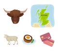 Territory on the map, bull`s head, cow, eggs. Scotland country set collection icons in cartoon style vector symbol stock Royalty Free Stock Photo