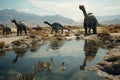 Territory Of Neutrality Where Predatory And Herbivorous Dinosaurs Drink Water By The Reservoir. Generative AI Royalty Free Stock Photo