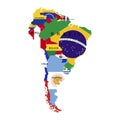 Territory of South America continent. Separate countries with flags. List of countries in South America. White background. Vector Royalty Free Stock Photo