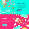 Territory of Water Park Concept Banner Horizontal Set 3d Isometric View. Vector