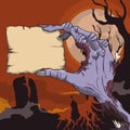 Terror Scene with Zombie Hand with Stamp on Graveyard, Vector Illustration Royalty Free Stock Photo