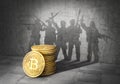 Terrorism concept. E-financing of terror. Stack of bitcoin cast shadow in form of band of terrorists with weapons. 3d Royalty Free Stock Photo