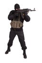 Terrorist in black uniform and mask with kalashnikov isolated Royalty Free Stock Photo