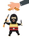 Terrorist puppet with gun, bomb and knife on ropes. Terrorist marionette on ropes controlled.