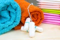 Terry towel and menstruation sanitary soft cotton tampons and pads for woman hygiene protection. Woman critical days, gynecologica