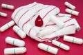 Terry towels, many cotton tampons and menstrual pad for blood period hygiene. Menstruation sanitary pads and tampons. Woman critic