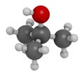 Tert-butyl alcohol tert-butanol solvent molecule. 3D rendering. Atoms are represented as spheres with conventional color coding