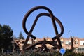 Teruel, Spain-February 18, 2023..Iron sculpture in a roundabout. Representation of the lovers of Teruel