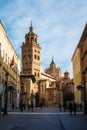 TERUEL, SPAIN - FEBRUARY 01, 2016: Teruel Cathedral, a Roman Catholic church and a street early in the morning Royalty Free Stock Photo