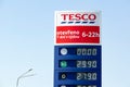 Tesco petrol station providing gasoline and diesel fuels with banner showing the prices