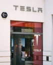 Tesla electric car brand on store Royalty Free Stock Photo
