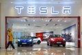 Tesla electric car shop battery electric vehicle Royalty Free Stock Photo