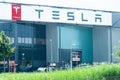 Tesla factory and service point building front in Tilburg, Netherlands - editorial image Royalty Free Stock Photo