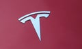 Tesla Logo on Hood of Red Car at Chicago Grand Ave Showroom, USA