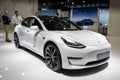 Tesla Model 3 new car model shown at the Autosalon 2020 Motor Show. Brussels, Belgium - January 9, 2020