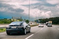 Tesla Model S 85 Car In Motion On Motorway Highway Freeway Road Royalty Free Stock Photo