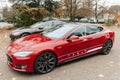 Tesla Model S electric car zero emissions Royalty Free Stock Photo