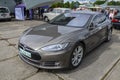 Tesla Model S premium electric car zero emissions at exhibition in Kyiv Royalty Free Stock Photo