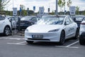 Tesla model y electric car on Free charging station, Tesla-Supercharger v4 Lounge, Power Charger ev in Europe, technology and Royalty Free Stock Photo