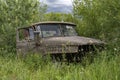 Cabin of a old dismantled Soviet Russian truck of the Ural-4320 in the bush Royalty Free Stock Photo