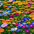 A tessellation of flowers in various sizes and colors, blooming in different directions5, Generative AI