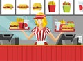 Fast food restaurant waitress attending orders