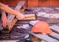 Test concept. Protective helmet. Material strength. Building construction. Professional hard hat. Engineer architect