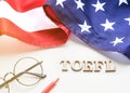 Test of English multiple choice on table. Top view, flatlay, American flag Royalty Free Stock Photo