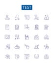 Test line icons signs set. Design collection of No periodExam, Assess, Assay, Assess, Evaluate, Analyze, Measure