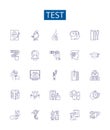 Test line icons signs set. Design collection of No periodExam, Assess, Assay, Assess, Evaluate, Analyze, Measure