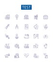 Test line icons signs set. Design collection of No periodExam, Assess, Assay, Assess, Evaluate, Analyze, Measure