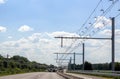 Test track with electric overhead contact wire for hybrid trucks on E-Highway in Luebeck, Germany, copy space