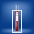 Test Tube with Blood on Blue Background. Stop Pandemic Novel Coronavirus. COVID-19 Virus